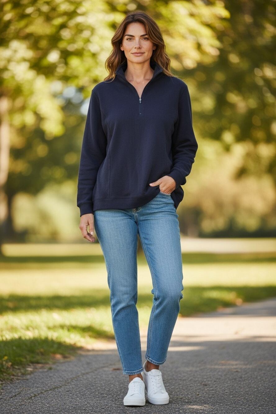 Womens Navy 1x 1/4 Zip Pullover Jacket Cotton/Spandex Yoga Workout Outdoors LN